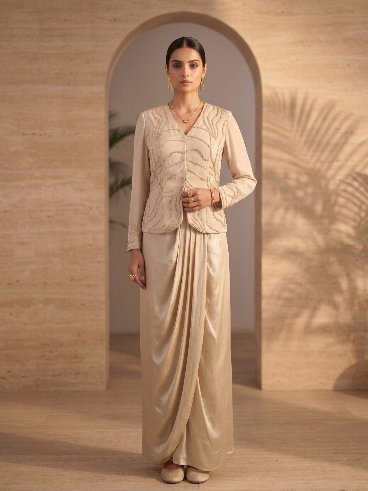 BEIGE EMBROIDERED TOP AND  DRAPED SKIRT