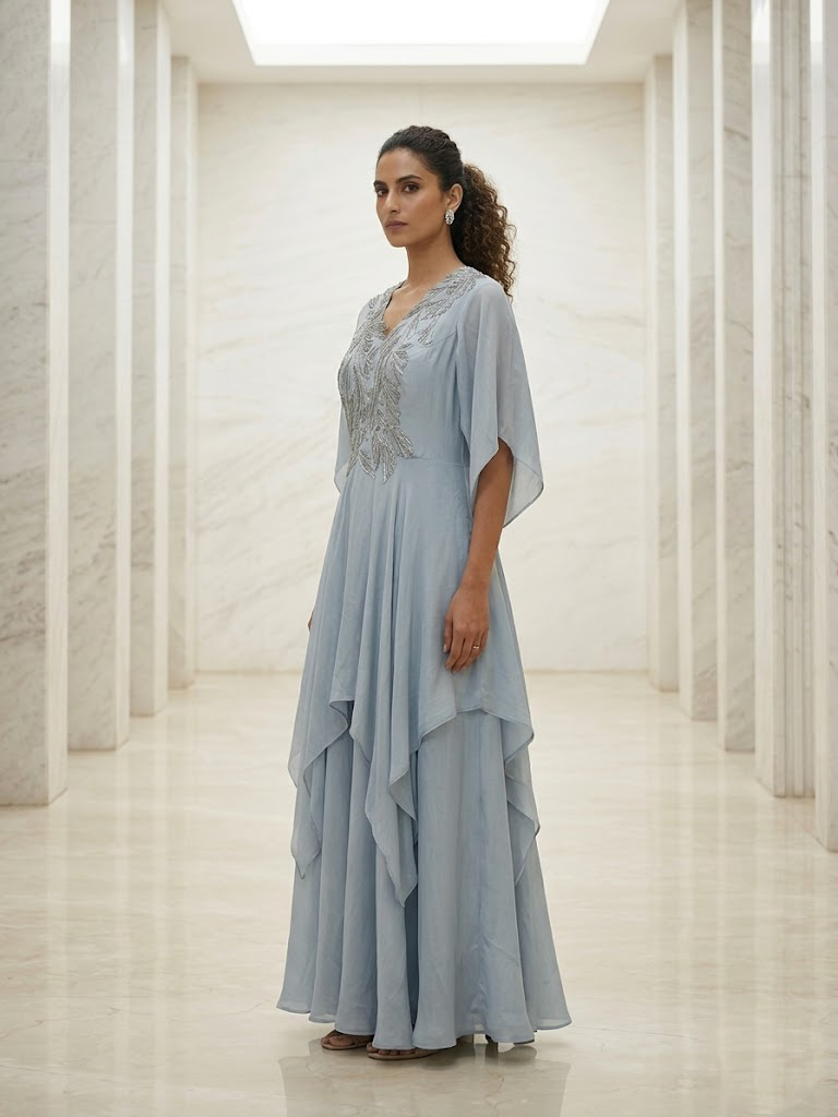 STYLISH GREY DRESS WITH ELEGANT EMBROIDERY ON THE FRONT.