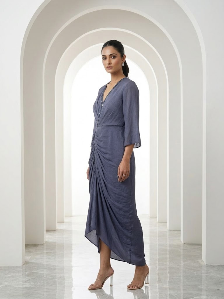 GREY DRAPED MIDI DRESS WITH RUCHED DETAIL.