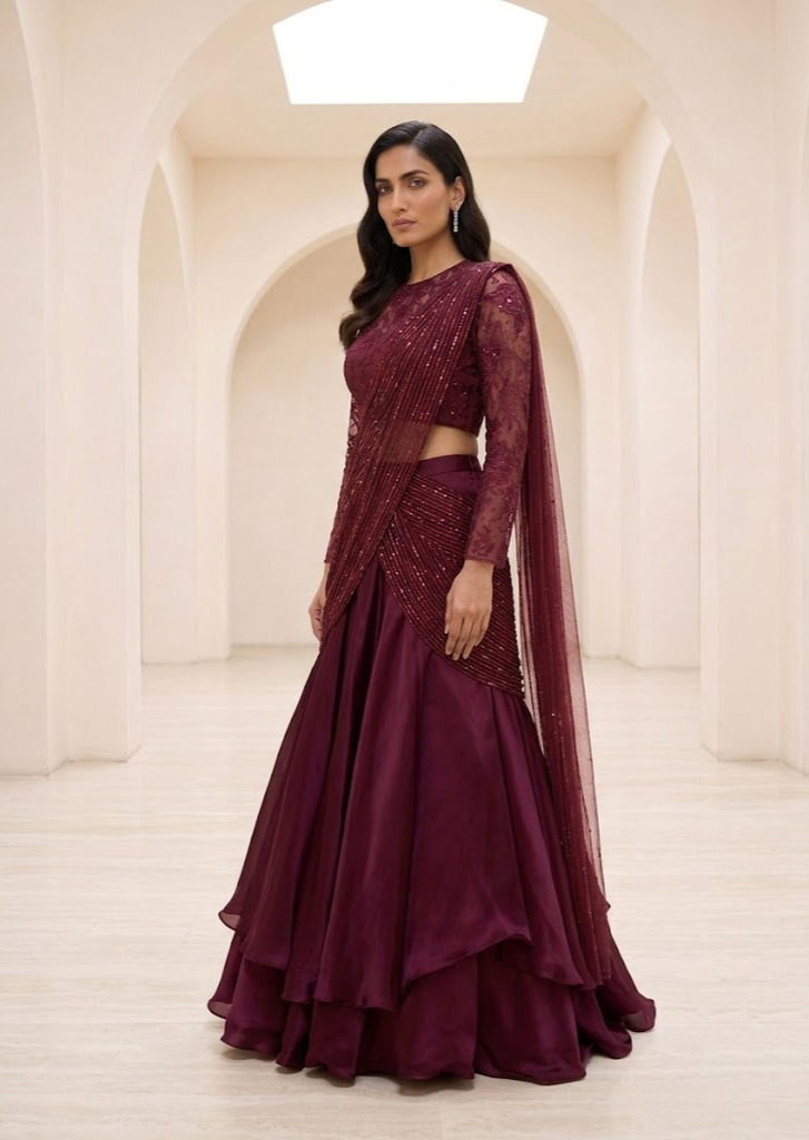 WINE EMBELLISHED LEHENGA SET WITH DRAPE DETAIL.