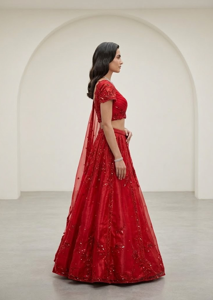 ORGANZA RED EMBROIDERD LEHENGA SET