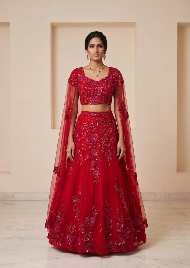 RED EMBROIDERD LEHENGA SET