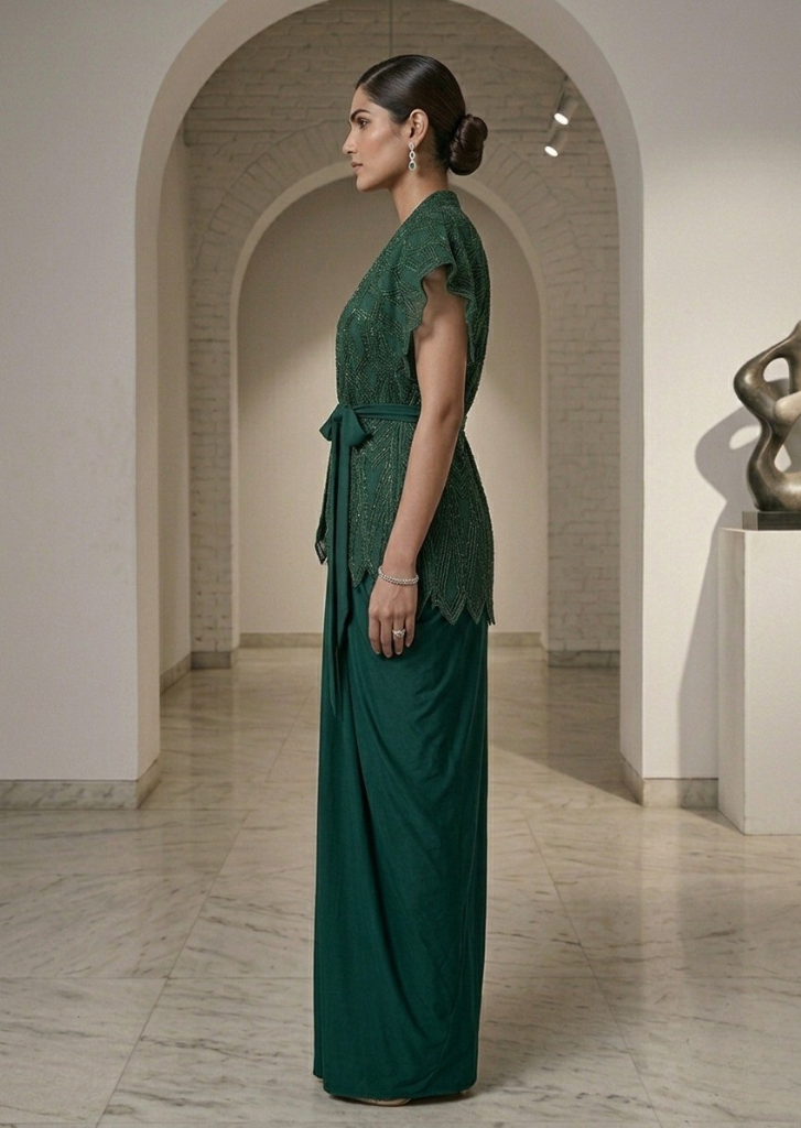 GREEN STYLISH PARTY WEAR DRESS.