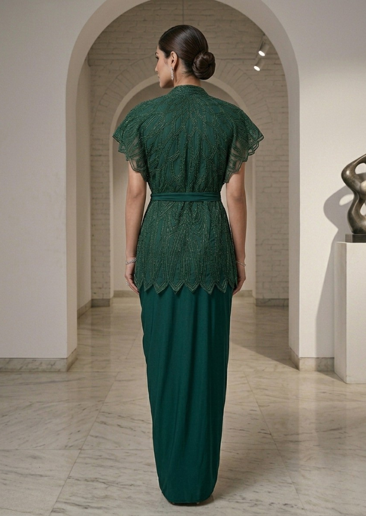 GREEN STYLISH PARTY WEAR DRESS.