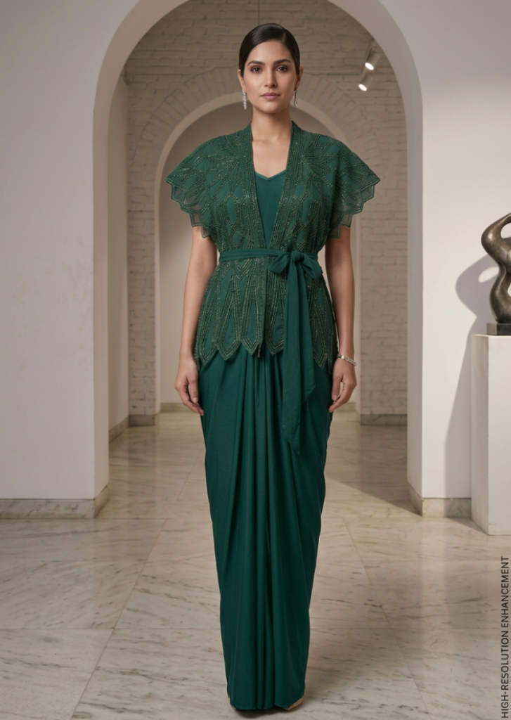GREEN STYLISH PARTY WEAR DRESS.