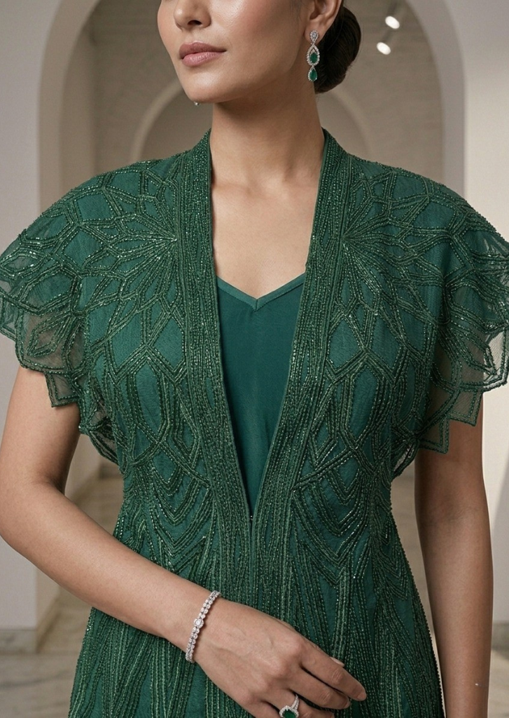 GREEN STYLISH PARTY WEAR DRESS.