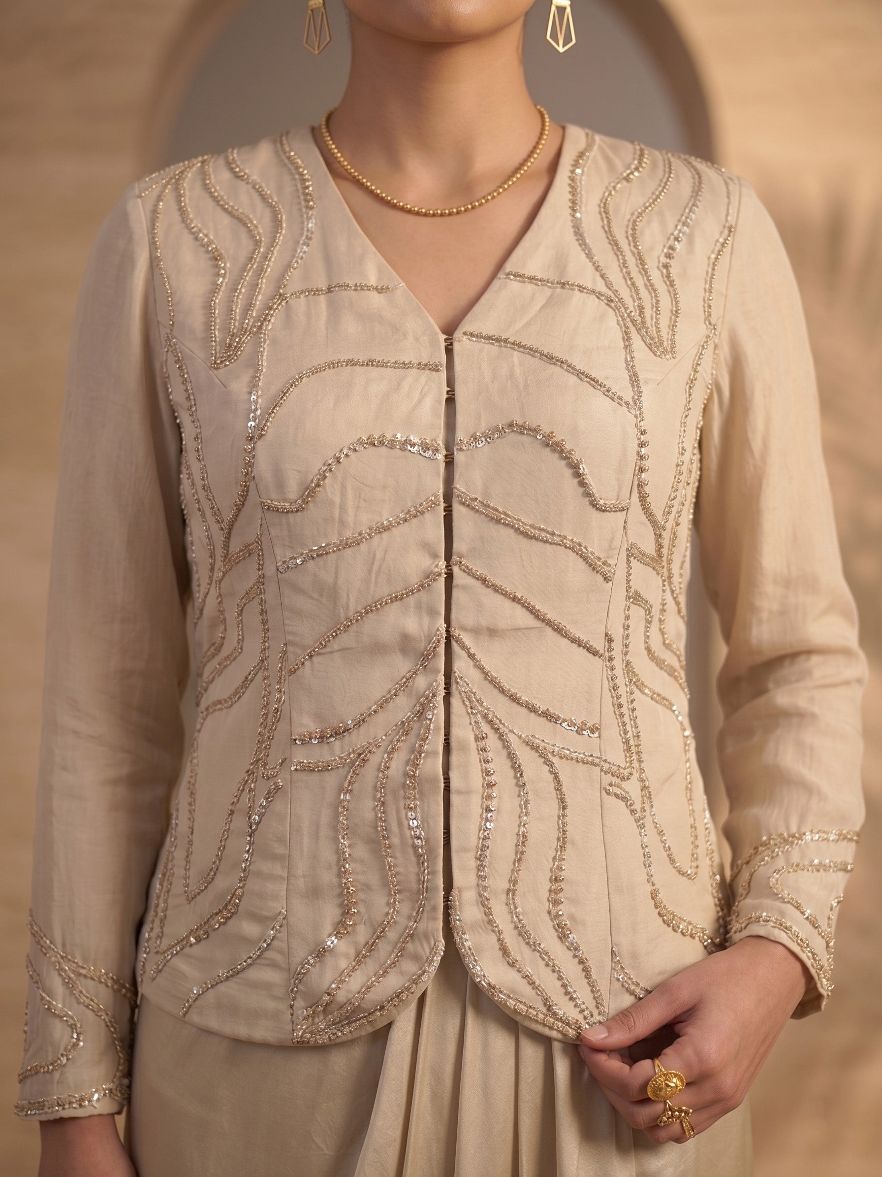 BEIGE EMBROIDERED TOP AND  DRAPED SKIRT