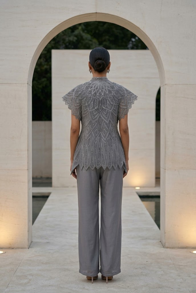 GREY EMBELLISHED JACKET WITH TOP & PANTS SET.