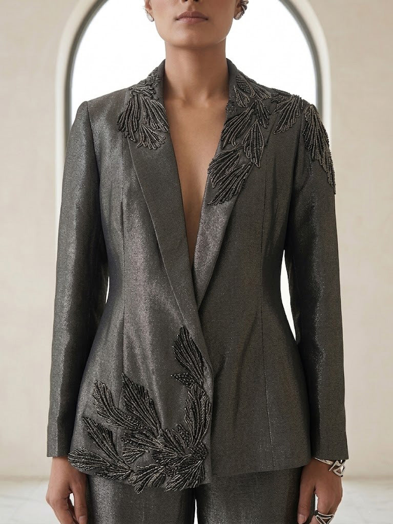 BLACK EMBROIDERED BLAZER CO-ORD SET WITH PANTS.