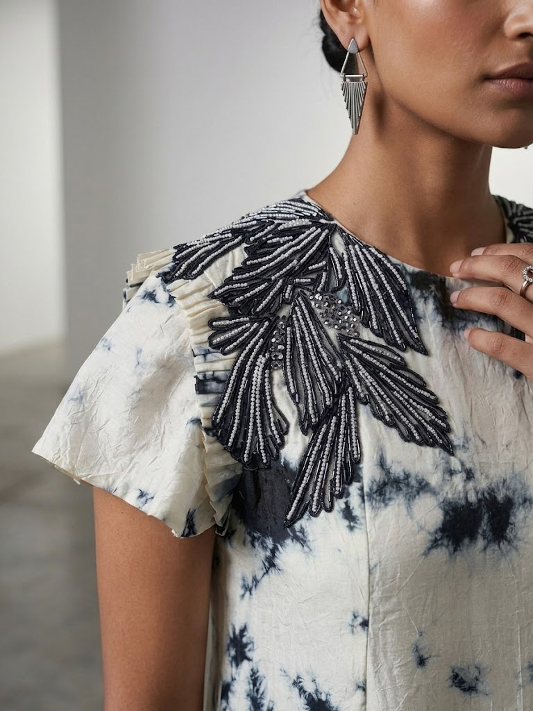 MARBLE PRINT SHORT-SLEEVE EMBROIDERED DRESS.