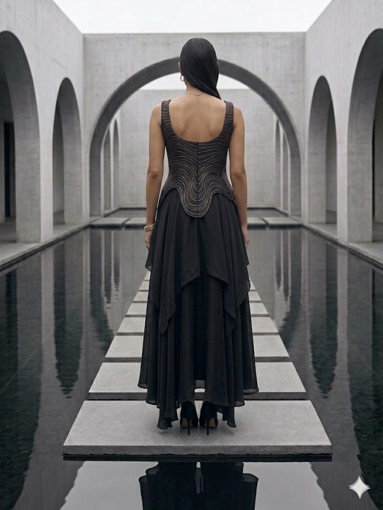 ELEGANT BLACK WAVE - EMBROIDERED TOP AND SKIRT SET.