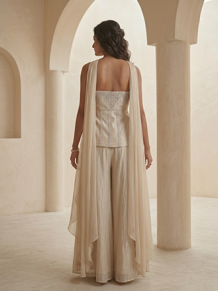 IVORY HAND - EMBELLISHED CORSET TOP WITH FLARED PALAZZO & DUPATTA.
