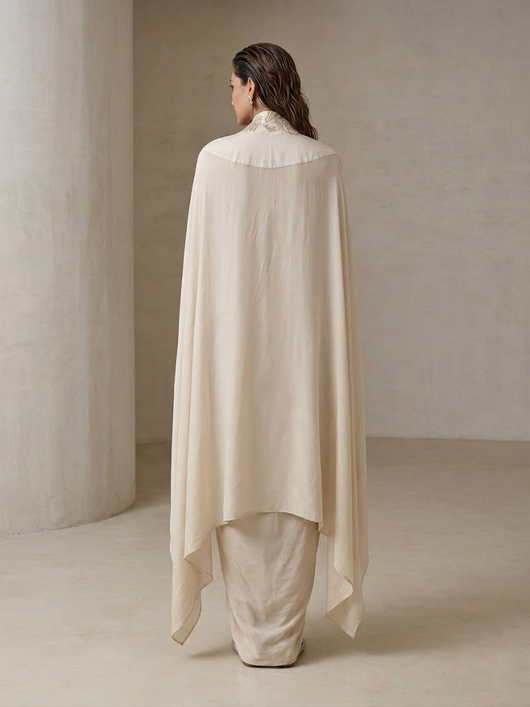 OFF WHITE EMBELLISHED CAPE WITH DRAPED SKIRT.