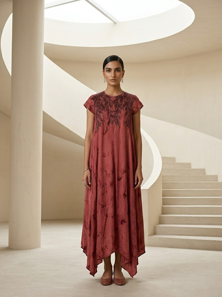 STYLISH DRESS WITH ELEGANT EMBROIDERY ON THE FRONT.