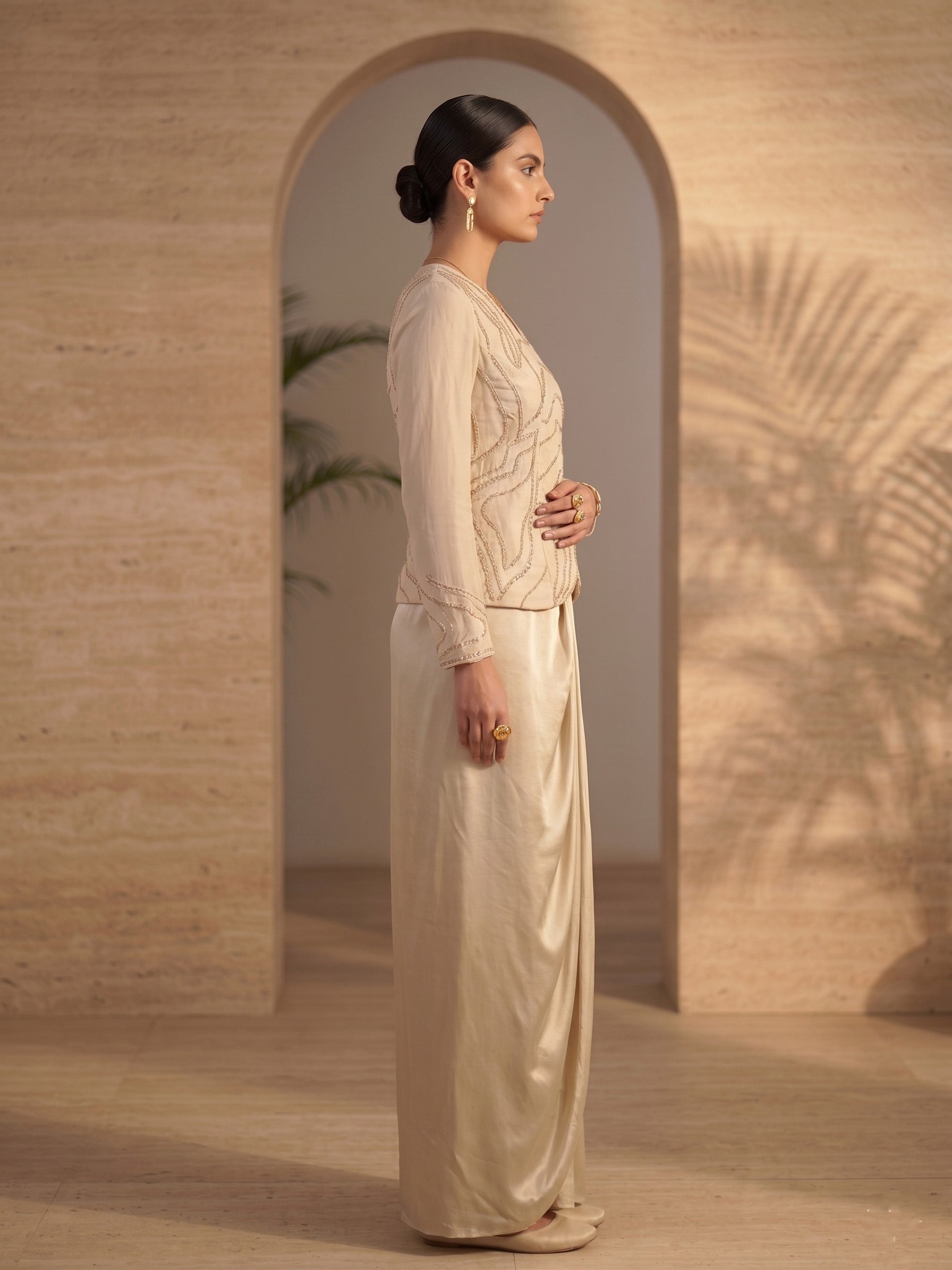 BEIGE EMBROIDERED TOP AND  DRAPED SKIRT