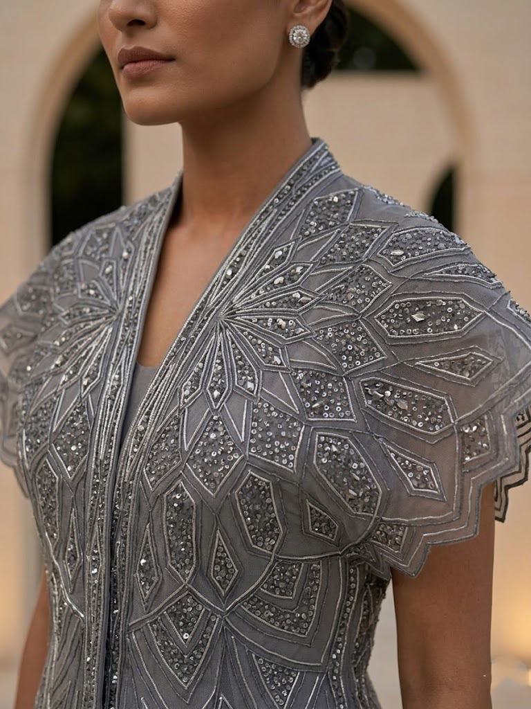 GREY EMBELLISHED JACKET WITH TOP & PANTS SET.
