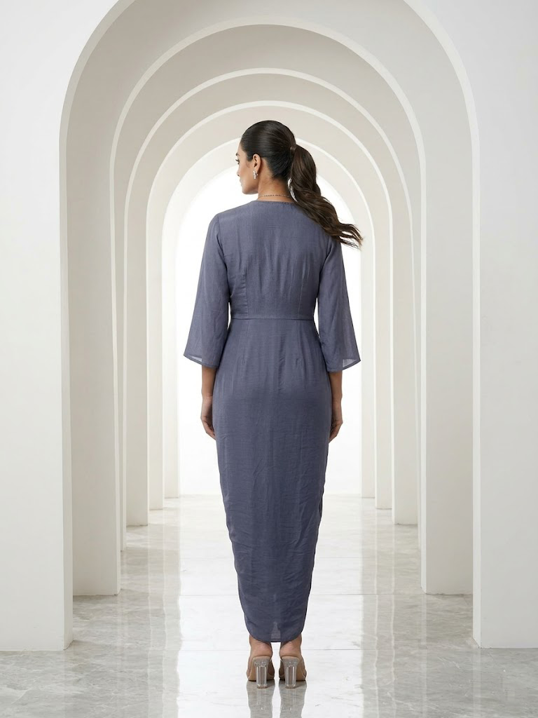 GREY DRAPED MIDI DRESS WITH RUCHED DETAIL.