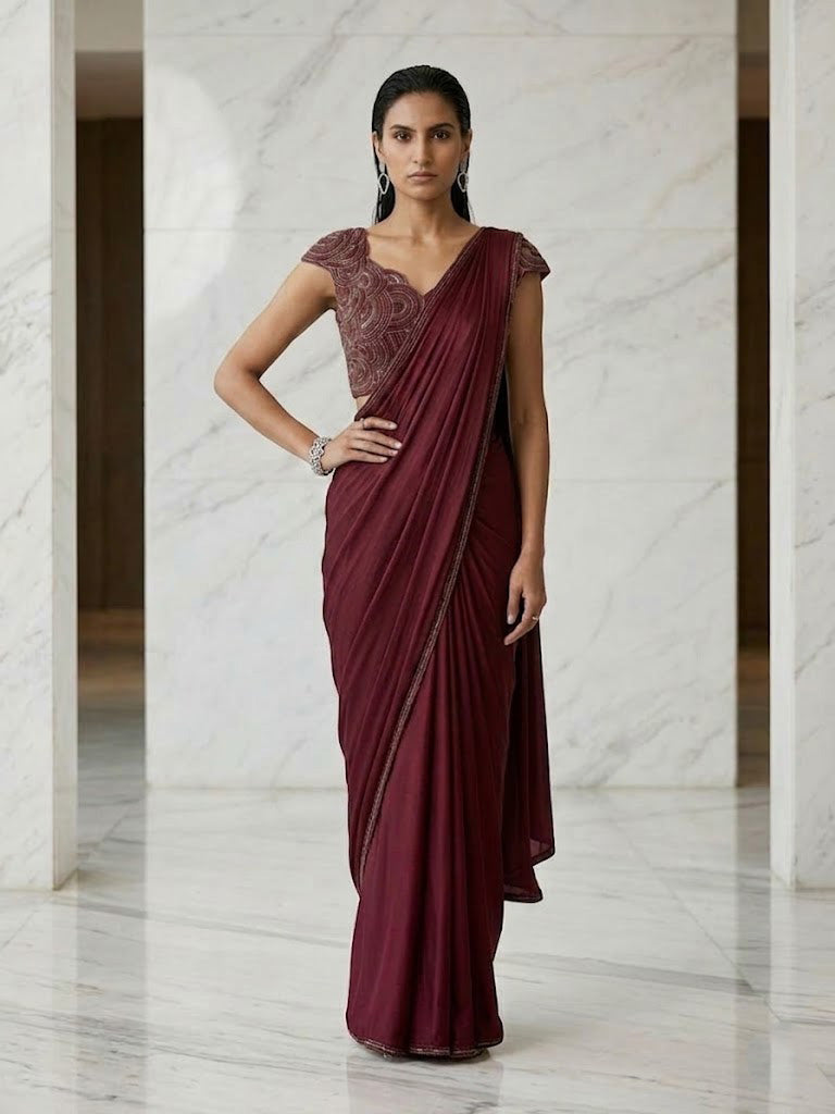 MAROON WIRE WORK BLOUSE WITH DRAPE SAREE.