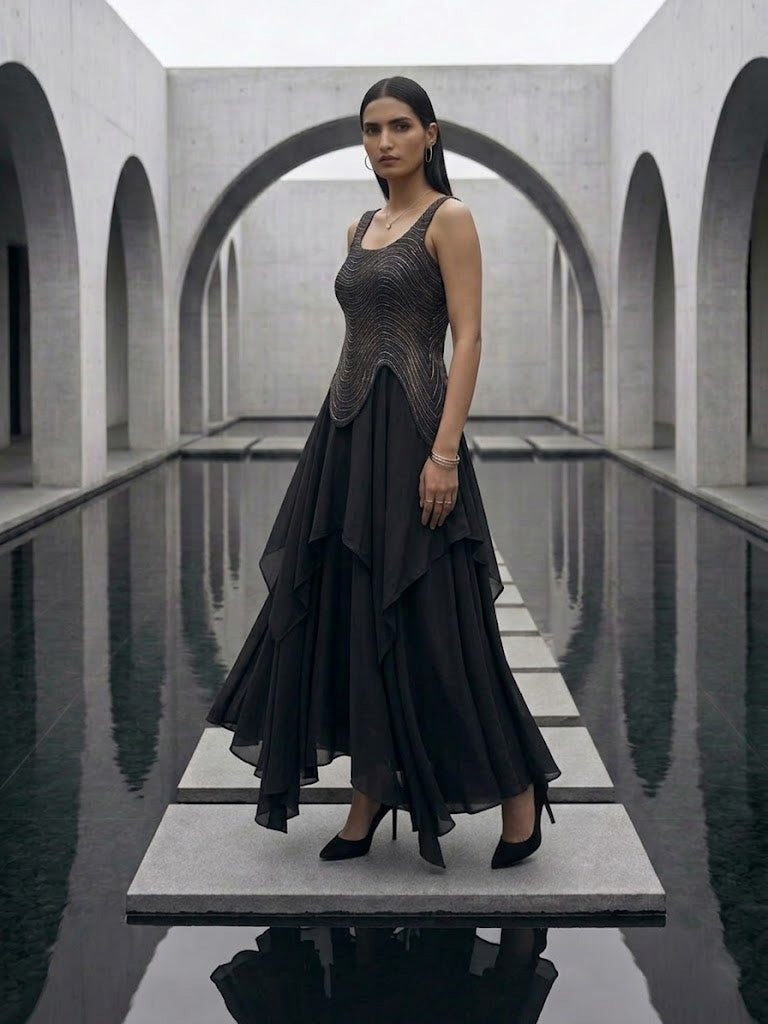 ELEGANT BLACK WAVE - EMBROIDERED TOP AND SKIRT SET.
