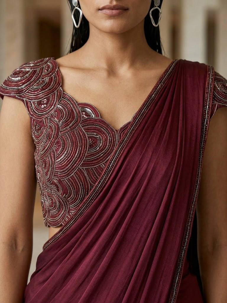 MAROON WIRE WORK BLOUSE WITH DRAPE SAREE.