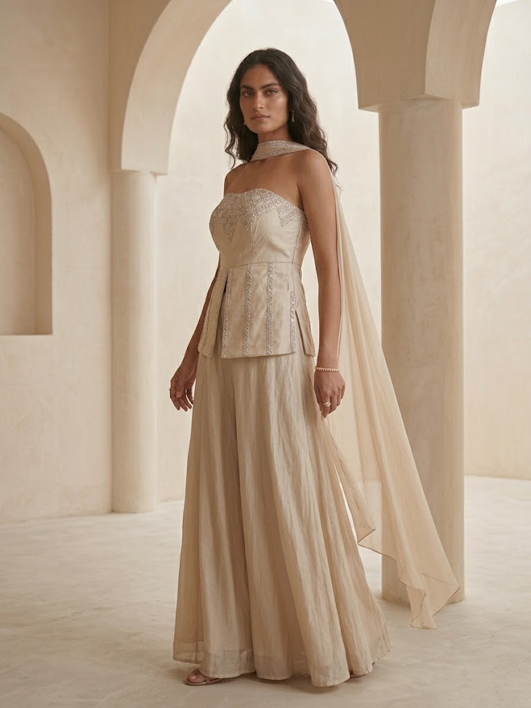 IVORY HAND - EMBELLISHED CORSET TOP WITH FLARED PALAZZO & DUPATTA.