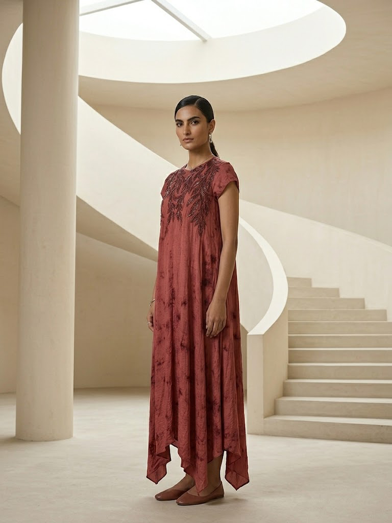 STYLISH DRESS WITH ELEGANT EMBROIDERY ON THE FRONT.