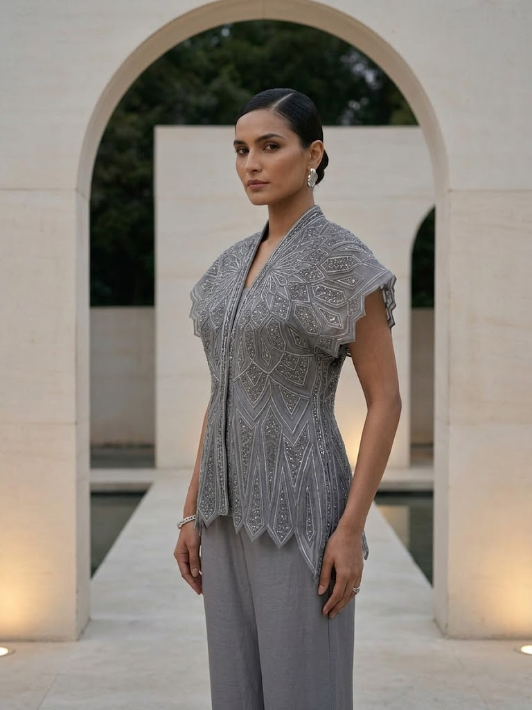 GREY EMBELLISHED JACKET WITH TOP & PANTS SET.