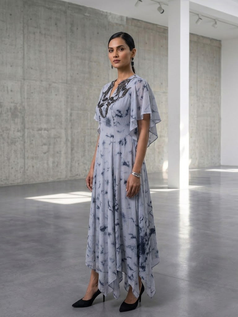 ELEGANT SKY BLUE MARBLE DRESS WITH WIRE EMBROIDERED NECKLINE.