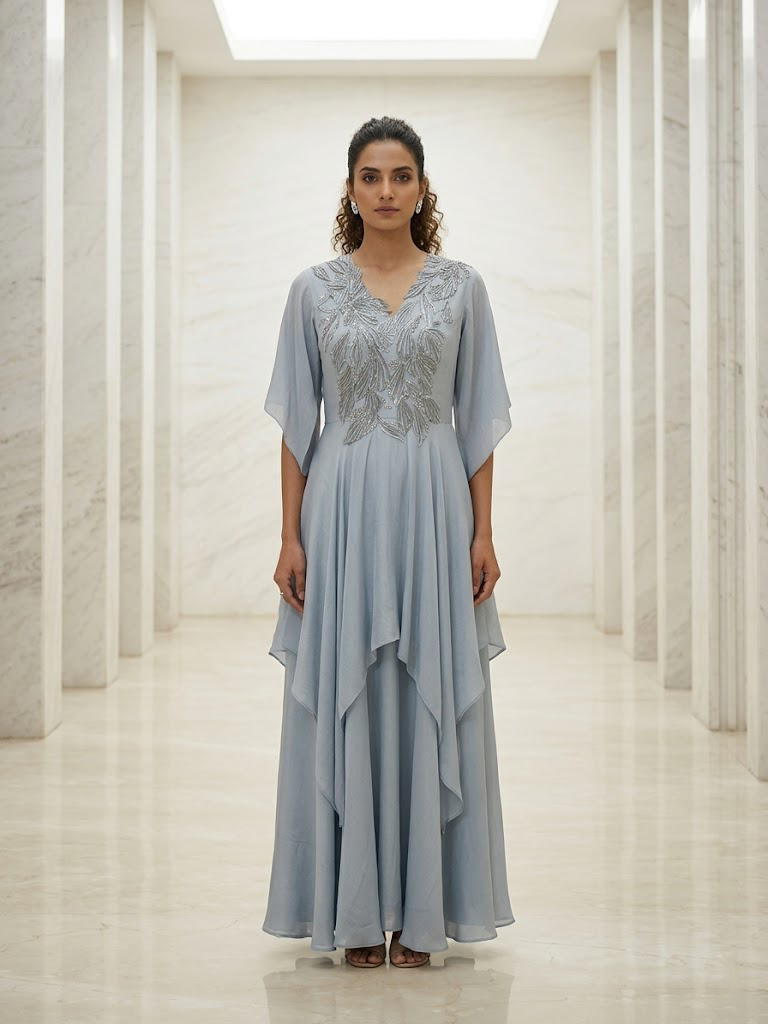 STYLISH GREY DRESS WITH ELEGANT EMBROIDERY ON THE FRONT.