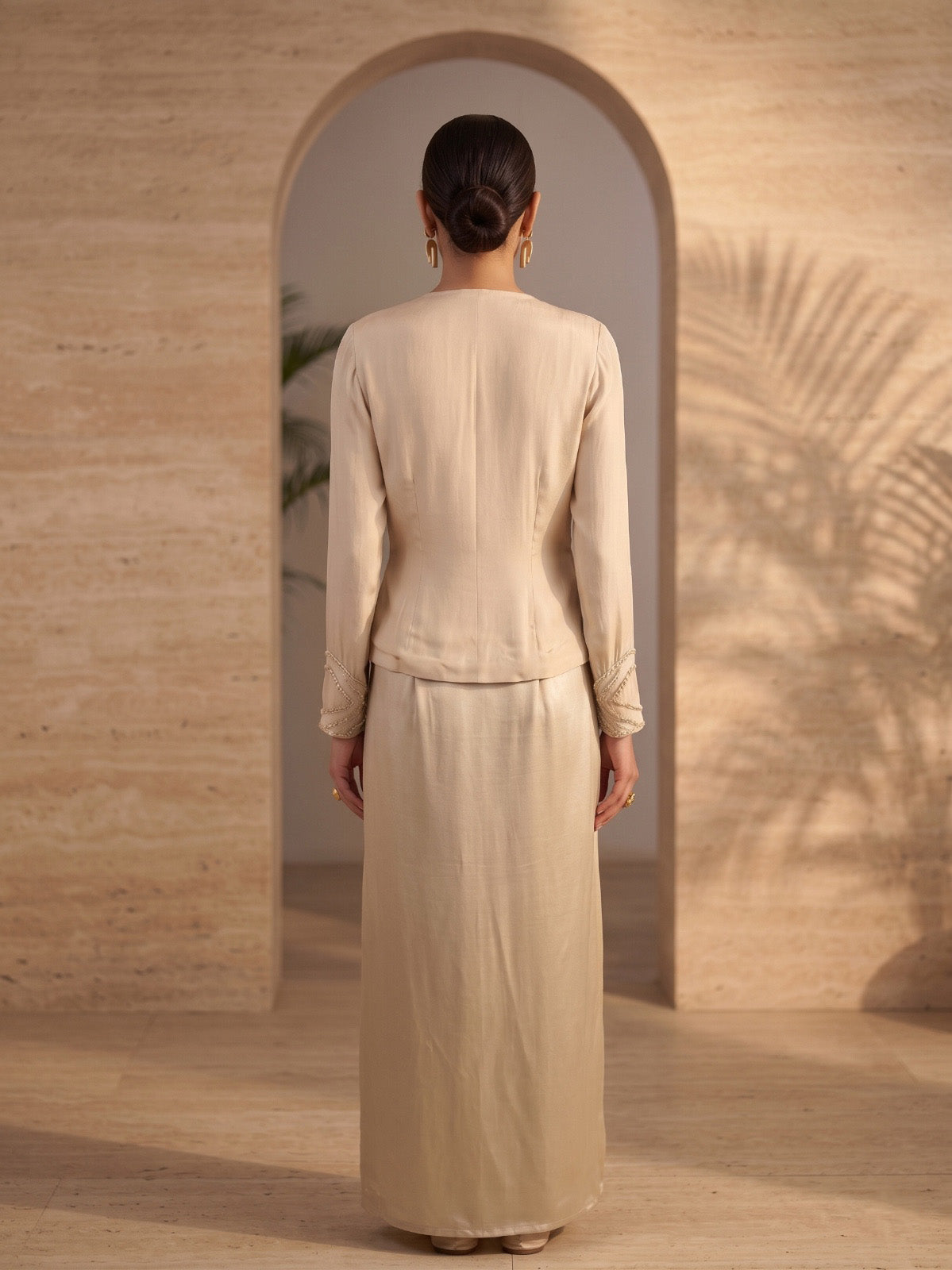 BEIGE EMBROIDERED TOP AND  DRAPED SKIRT