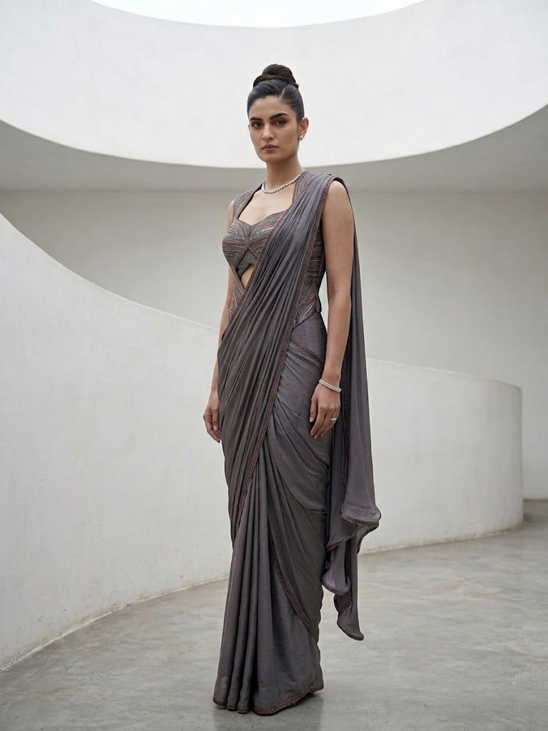 GREY SEQUIN AND EMBELLISHED PRE-DRAPED SAREE WITH DESIGNER CUT-OUT BLOUSE.