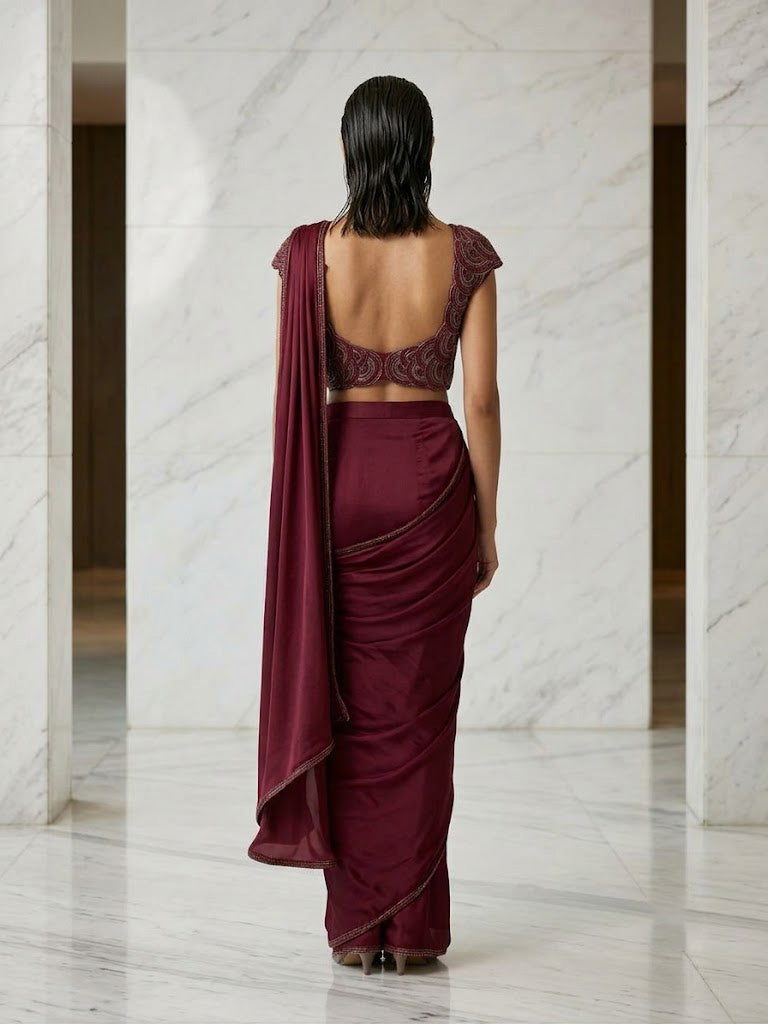 MAROON WIRE WORK BLOUSE WITH DRAPE SAREE.