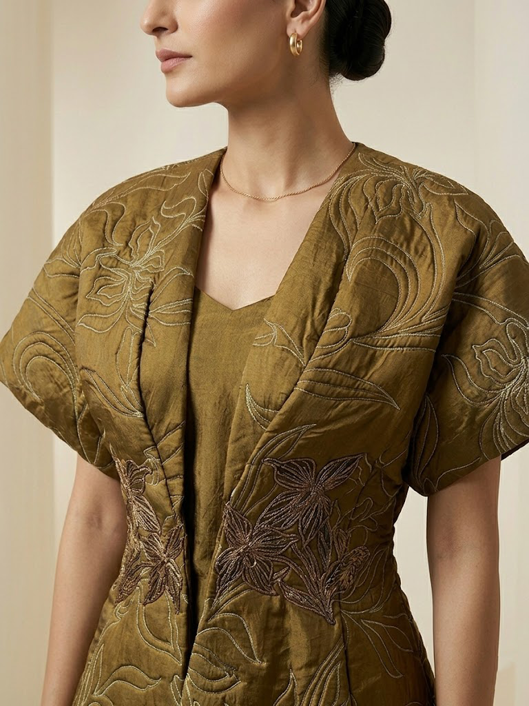 QUILTED EMBROIDERED JACKET WITH INNER & PANTS SET.