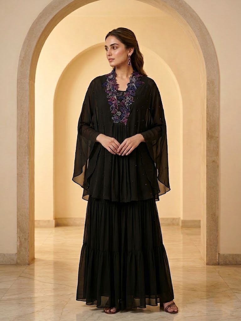ELEGANT BLACK CAPE TOP WITH FLARED PALAZZO PANTS.