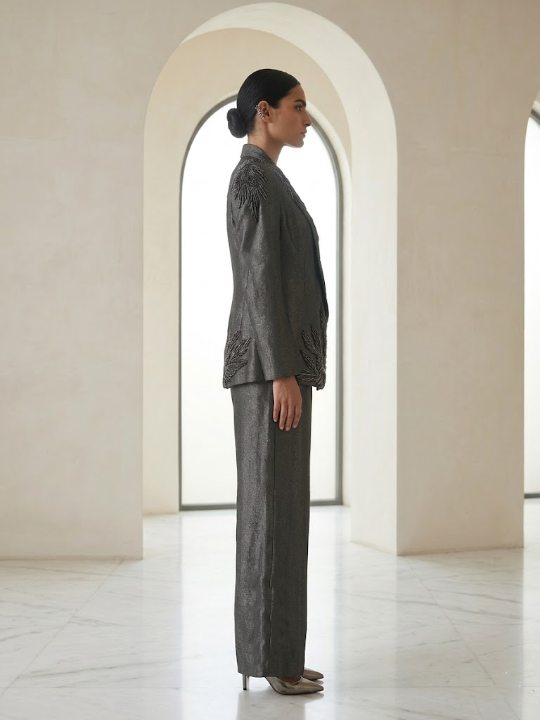 BLACK EMBROIDERED BLAZER CO-ORD SET WITH PANTS.