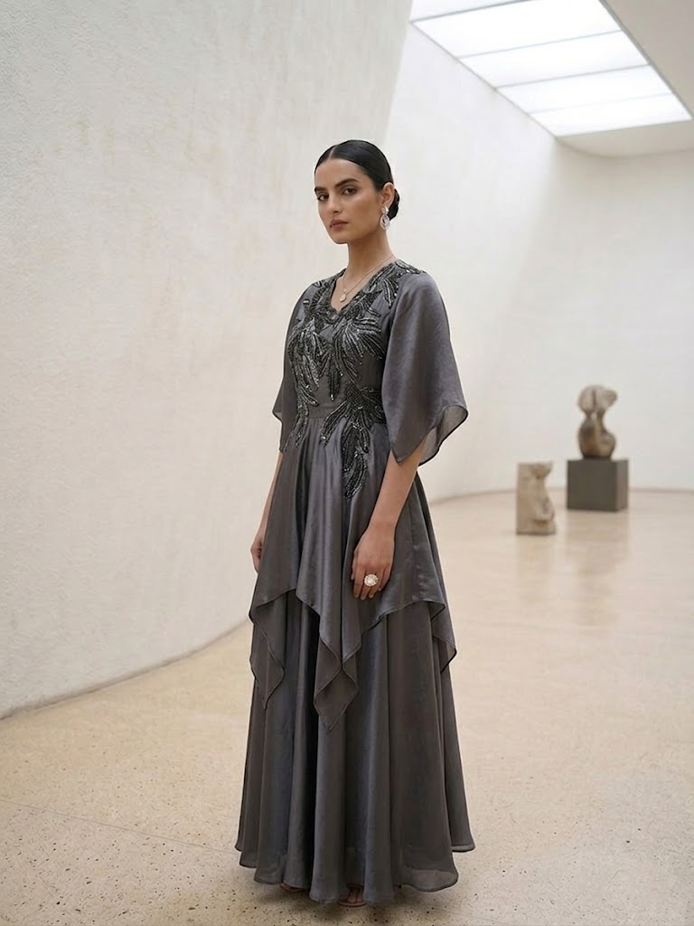 STYLISH GREY DRESS WITH ELEGANT  EMBROIDERY ON THE FRONT.