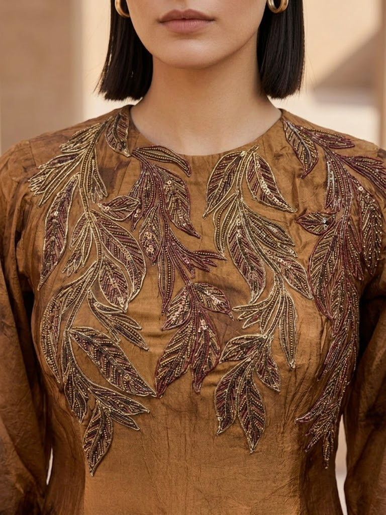 STYLISH BROWN DRESS WITH ELEGANT WIRE EMBROIDERY ON THE FRONT.