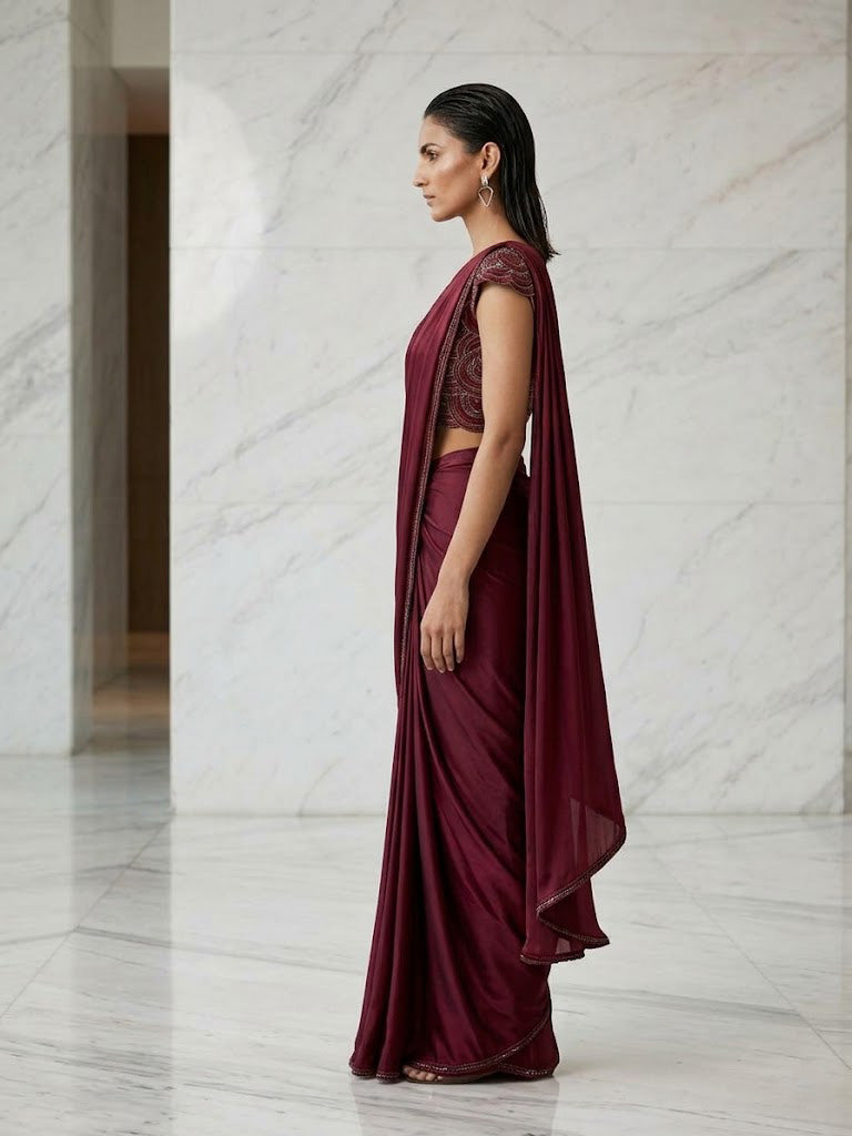 MAROON WIRE WORK BLOUSE WITH DRAPE SAREE.
