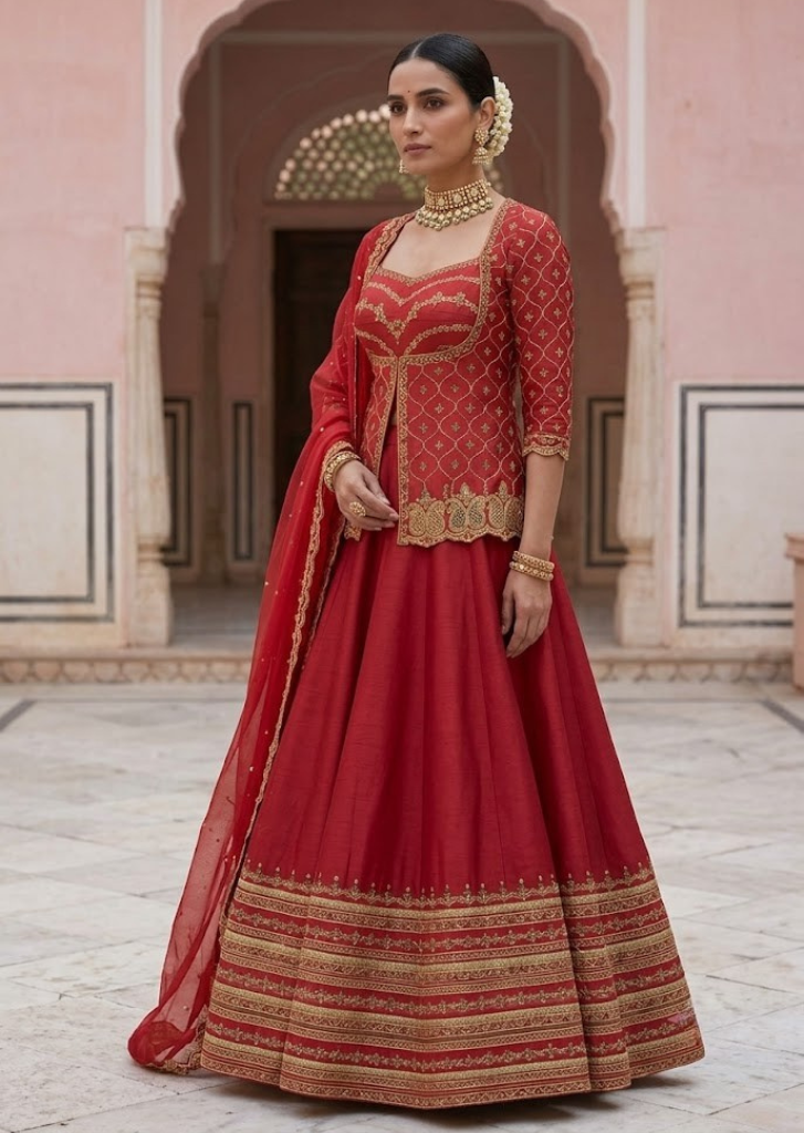 MAROON EMBROIDERED LEHENGA SET WITH BLOUSE AND DUPATTA.