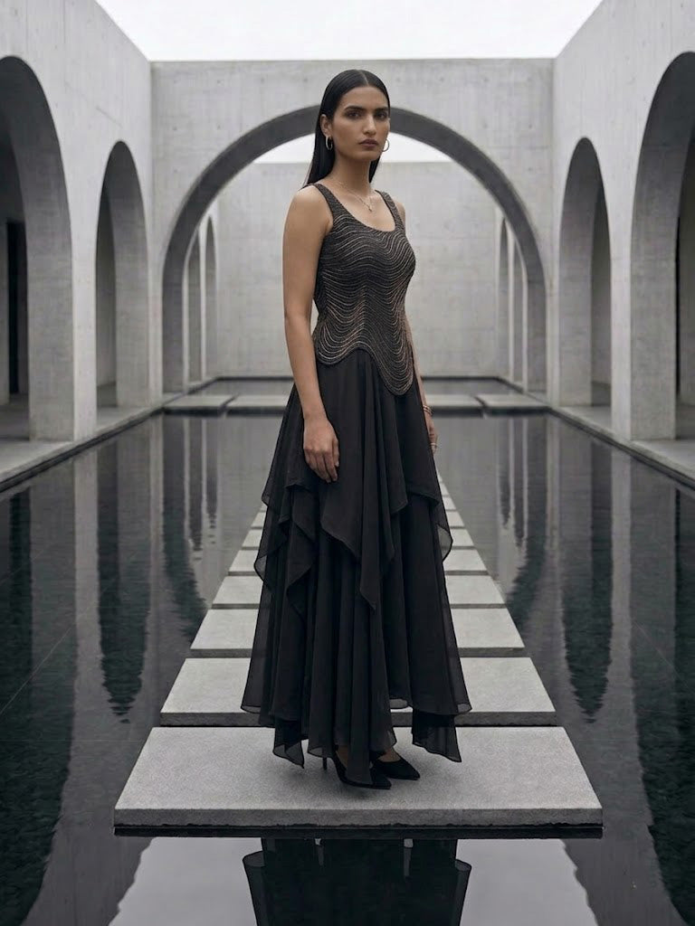 ELEGANT BLACK WAVE - EMBROIDERED TOP AND SKIRT SET.