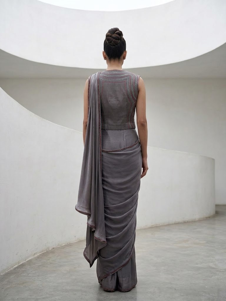 GREY SEQUIN AND EMBELLISHED PRE-DRAPED SAREE WITH DESIGNER CUT-OUT BLOUSE.