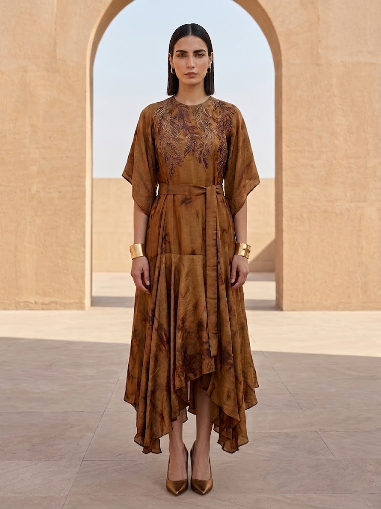 STYLISH BROWN DRESS WITH ELEGANT WIRE EMBROIDERY ON THE FRONT.