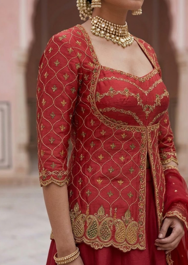 MAROON EMBROIDERED LEHENGA SET WITH BLOUSE AND DUPATTA.