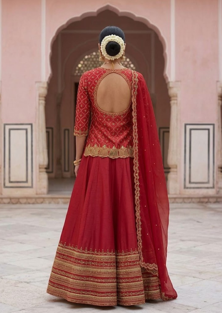 MAROON EMBROIDERED LEHENGA SET WITH BLOUSE AND DUPATTA.