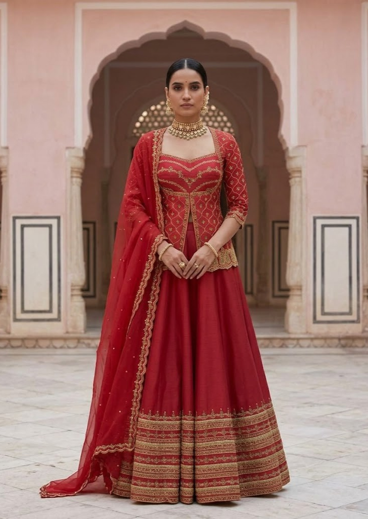 MAROON EMBROIDERED LEHENGA SET WITH BLOUSE AND DUPATTA.