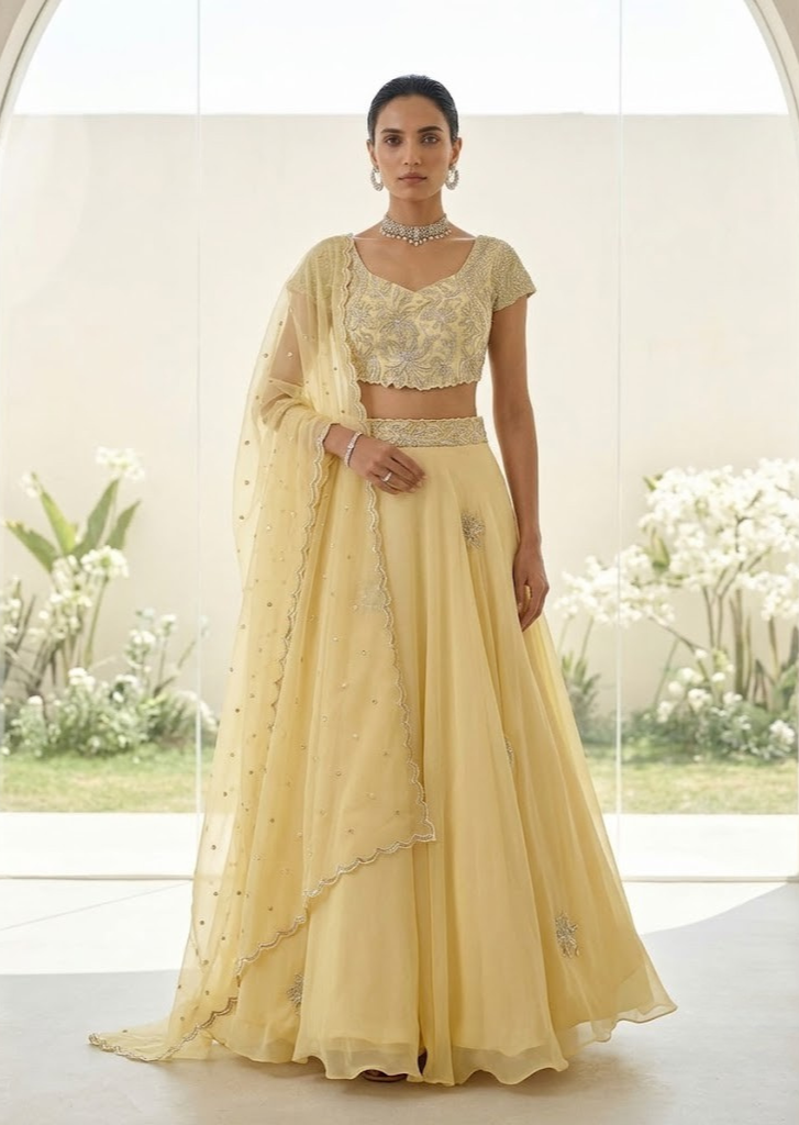 YELLOW EMBROIDERED LEHENGA BLOUSE WITH DUPATTA.