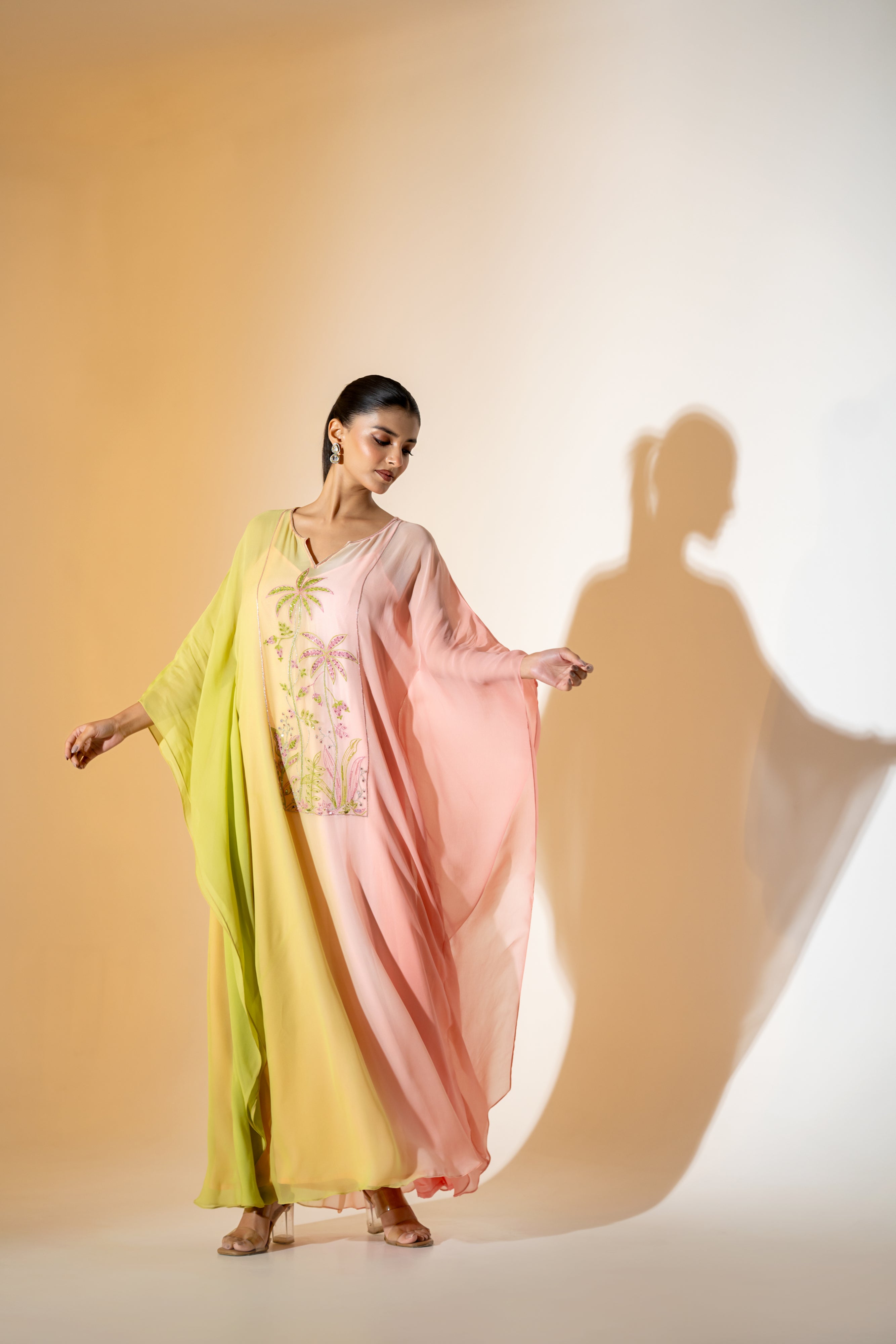 OMBRE SUNSET KAFTAN WITH TROPICAL EMBROIDERY