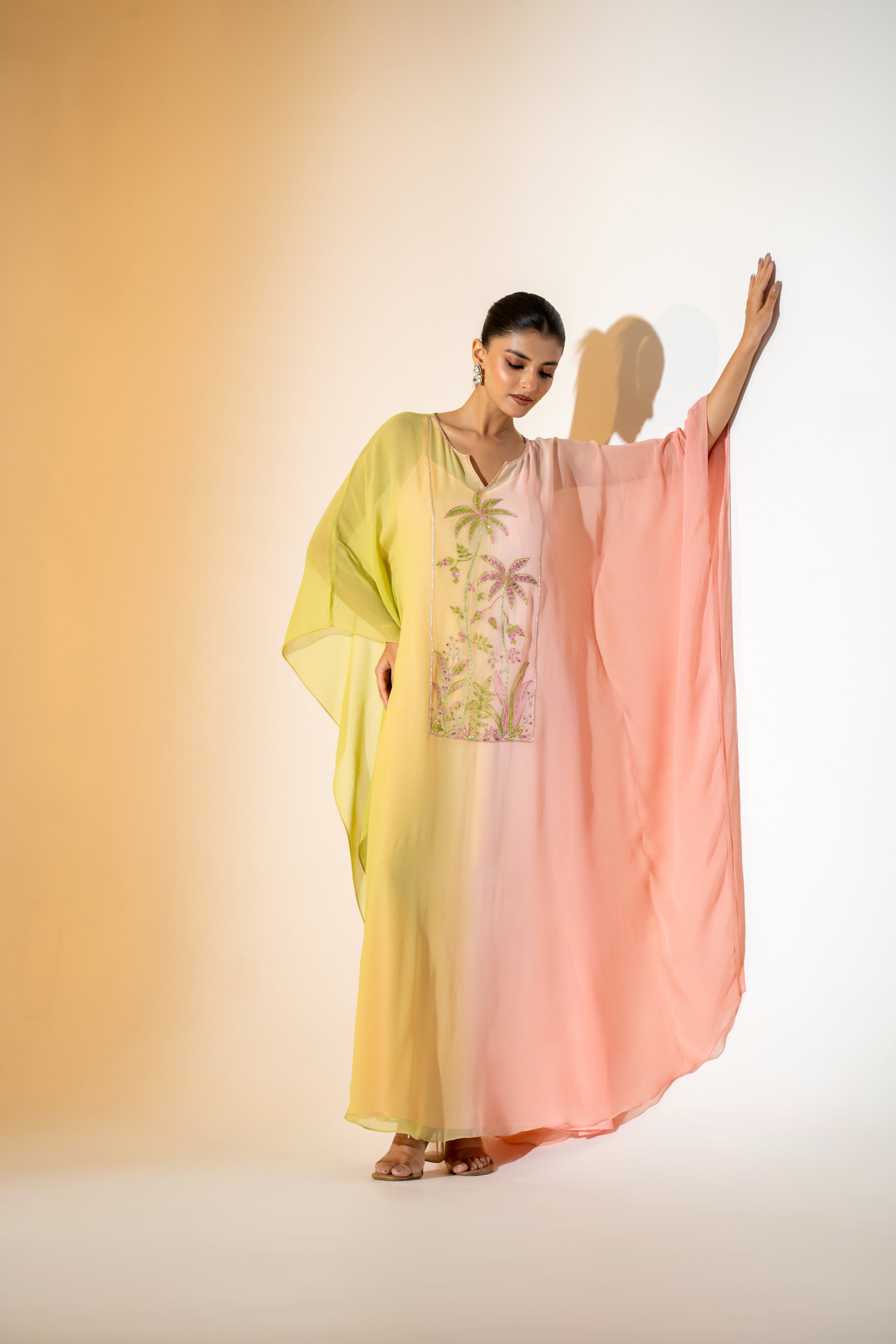 OMBRE SUNSET KAFTAN WITH TROPICAL EMBROIDERY