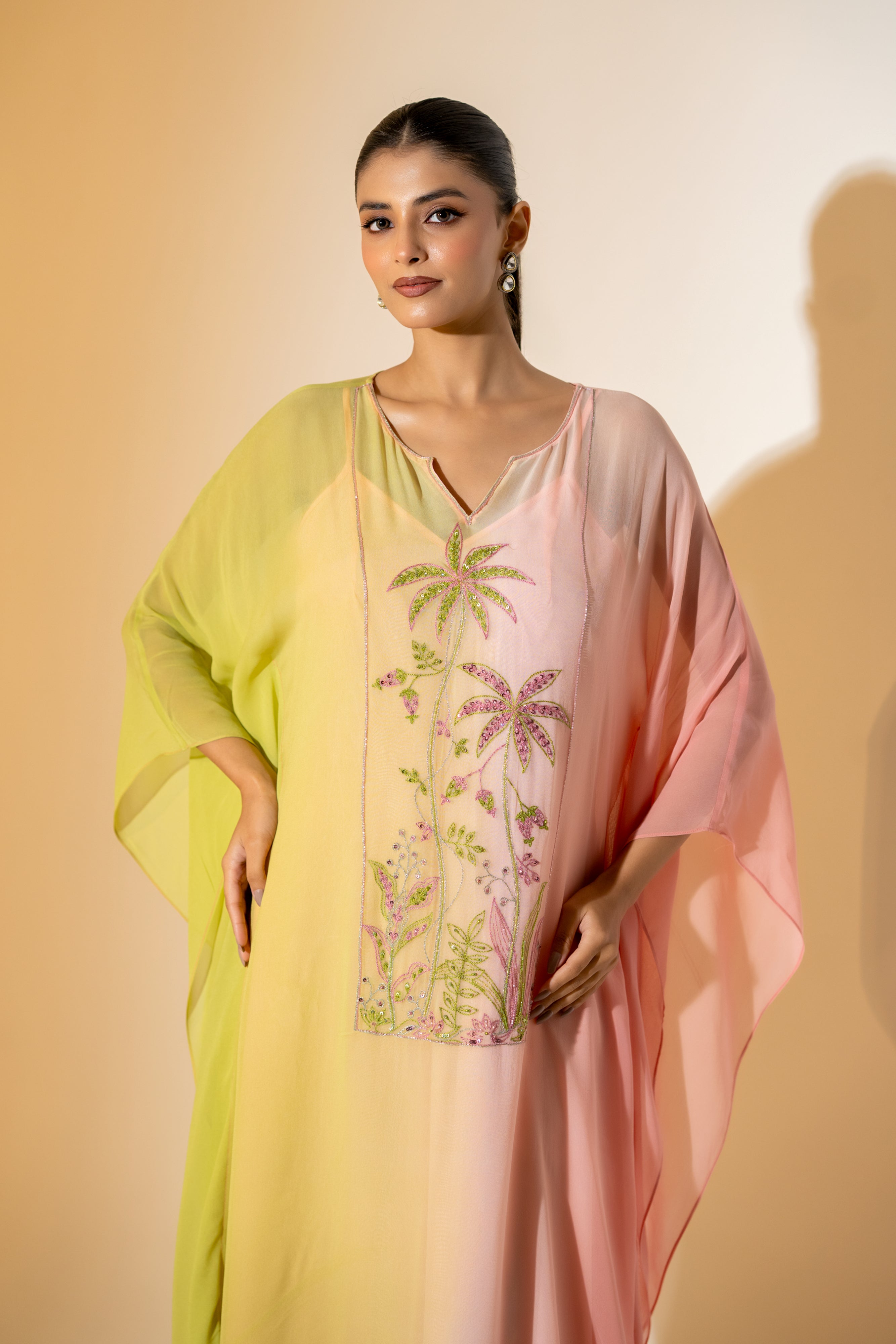 OMBRE SUNSET KAFTAN WITH TROPICAL EMBROIDERY