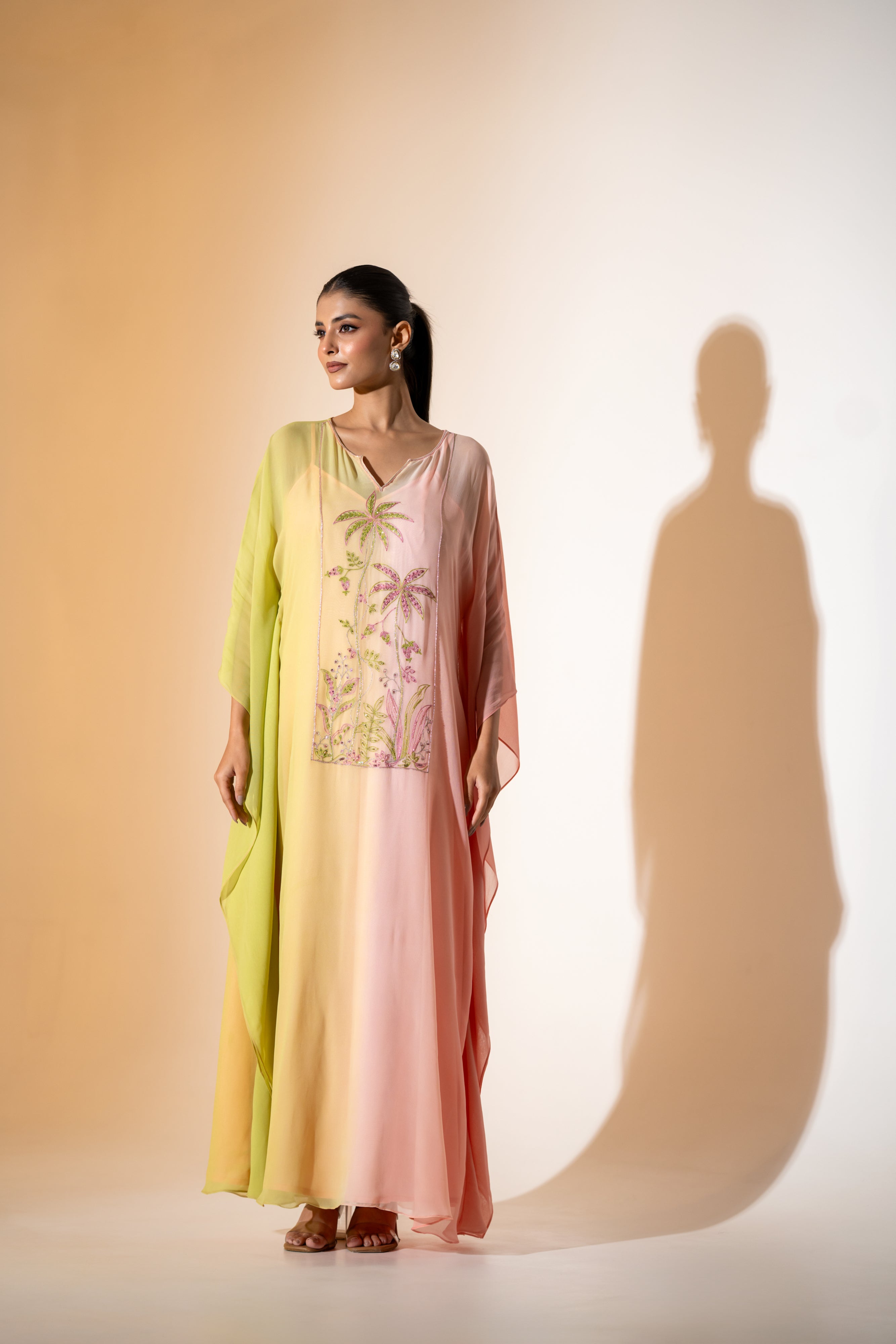 OMBRE SUNSET KAFTAN WITH TROPICAL EMBROIDERY